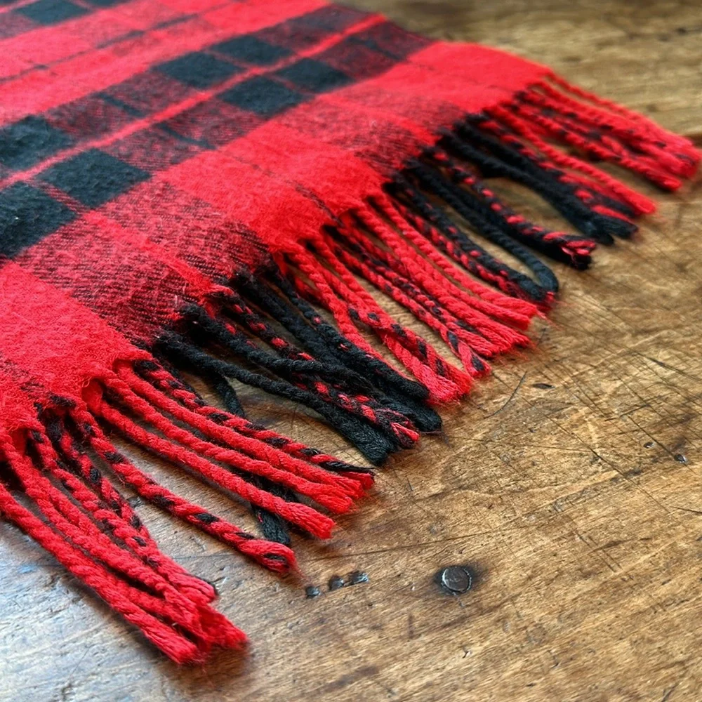 DIOR Vintage Plaid Tasseled Soft Scarf, Unisex, Red & Black